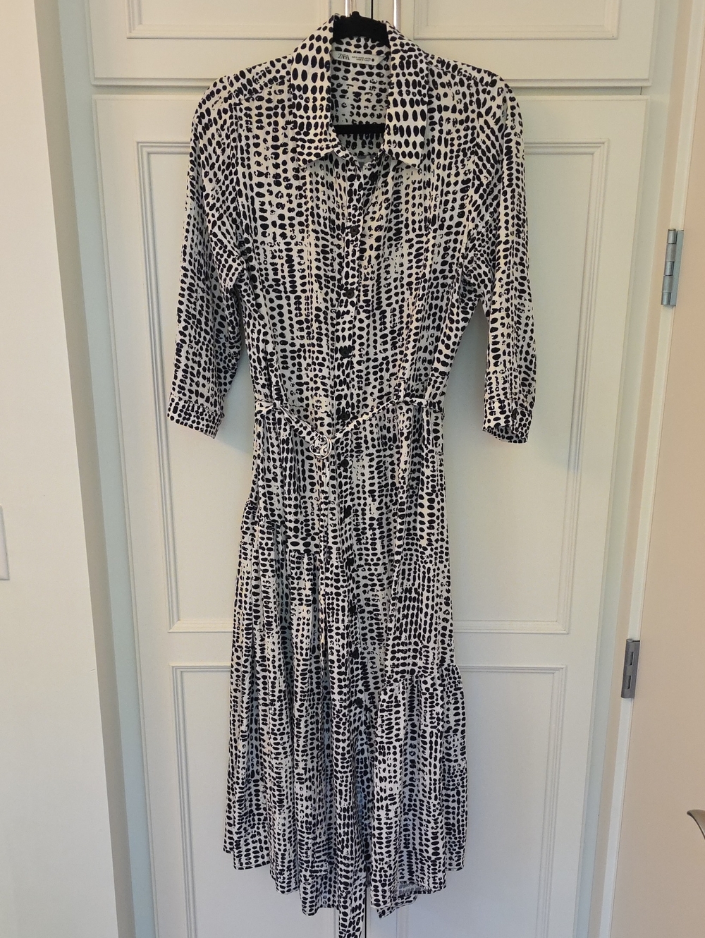 Zara Black and White Printed Midi Shirt Dress